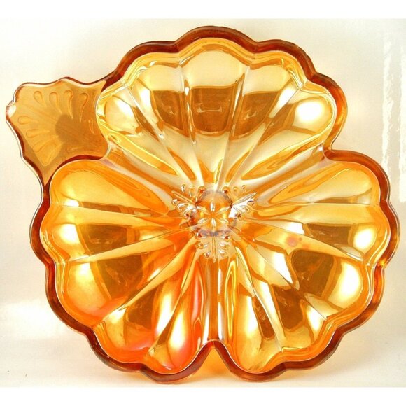 Vintage Orange Carnival Glass 3-Section Candy Dish Relish Tray 7" Iridescent - Picture 4 of 6